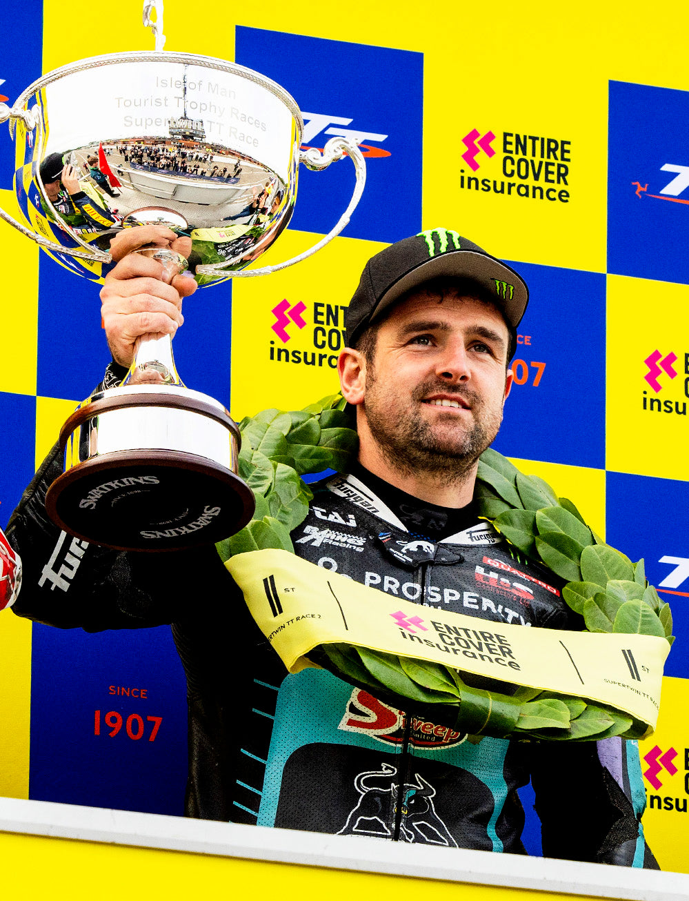 Isle of Man TT Races 2025 Entire Cover insurance Supertwin Race 2 Podium Backdrop